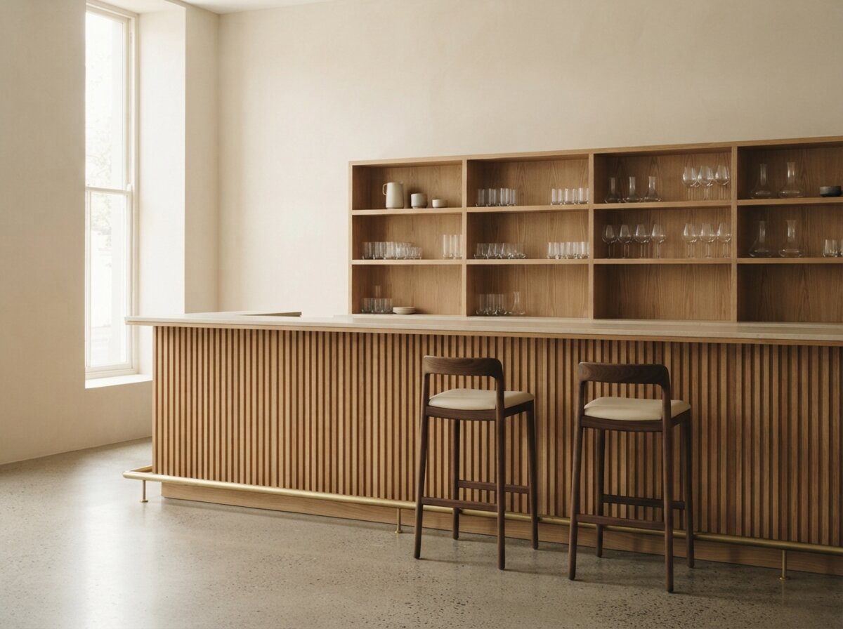 Bartresen aus Eiche mit Lamellenfront und Rückbuffet mit Gläsern